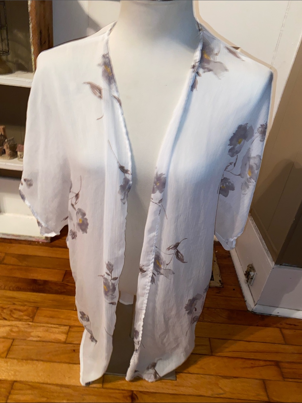 Maurices White Floral Sheer Kimono with Soft Gray and Pale Yellow Accents